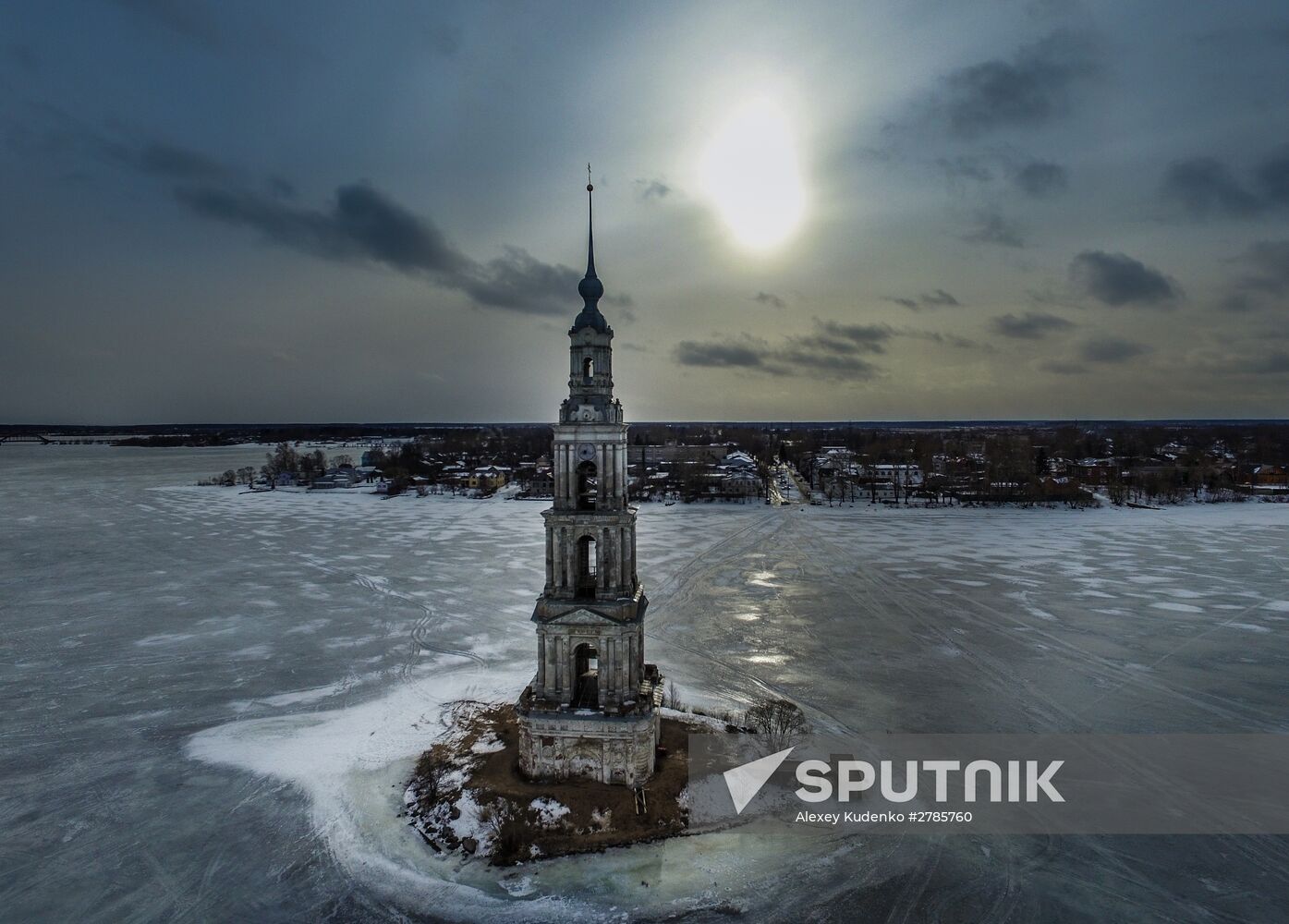 St. Nicholas Cathedral bell tower flooded by Uglich Reservoir
