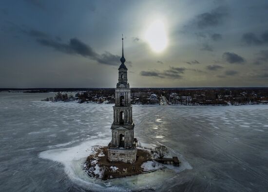 St. Nicholas Cathedral bell tower flooded by Uglich Reservoir