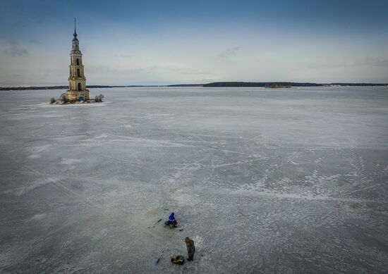 St. Nicholas Cathedral bell tower flooded by Uglich Reservoir