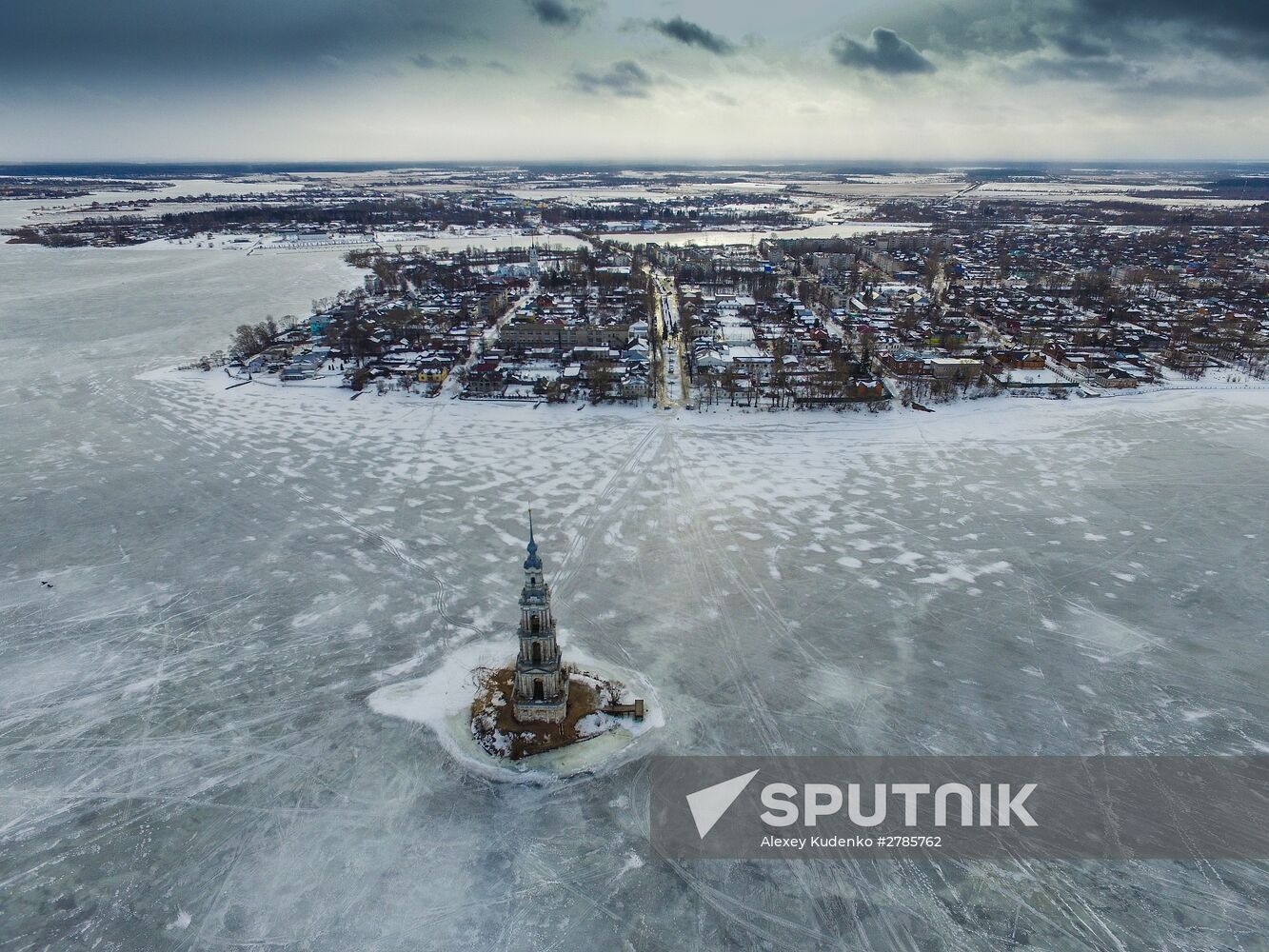 St. Nicholas Cathedral bell tower flooded by Uglich Reservoir