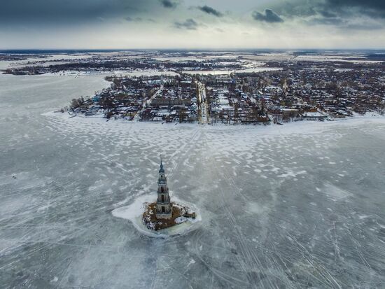 St. Nicholas Cathedral bell tower flooded by Uglich Reservoir