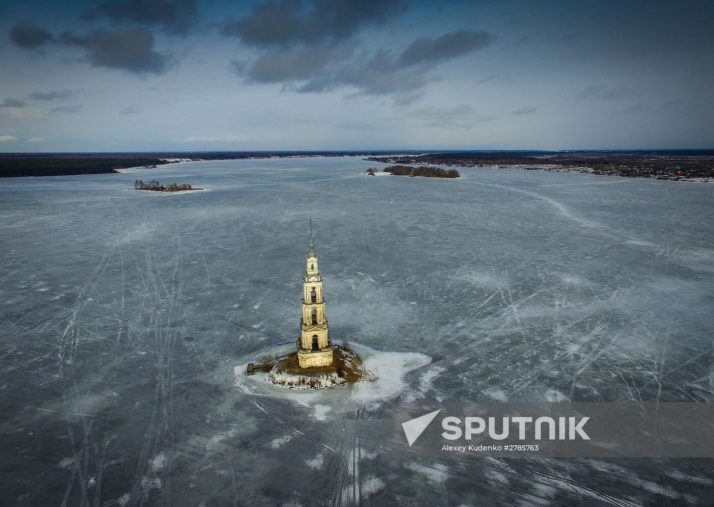 St. Nicholas Cathedral bell tower flooded by Uglich Reservoir