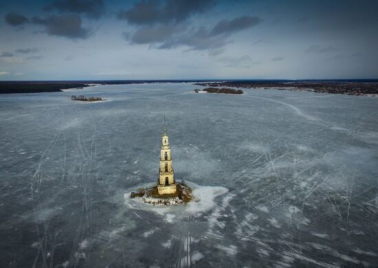 St. Nicholas Cathedral bell tower flooded by Uglich Reservoir