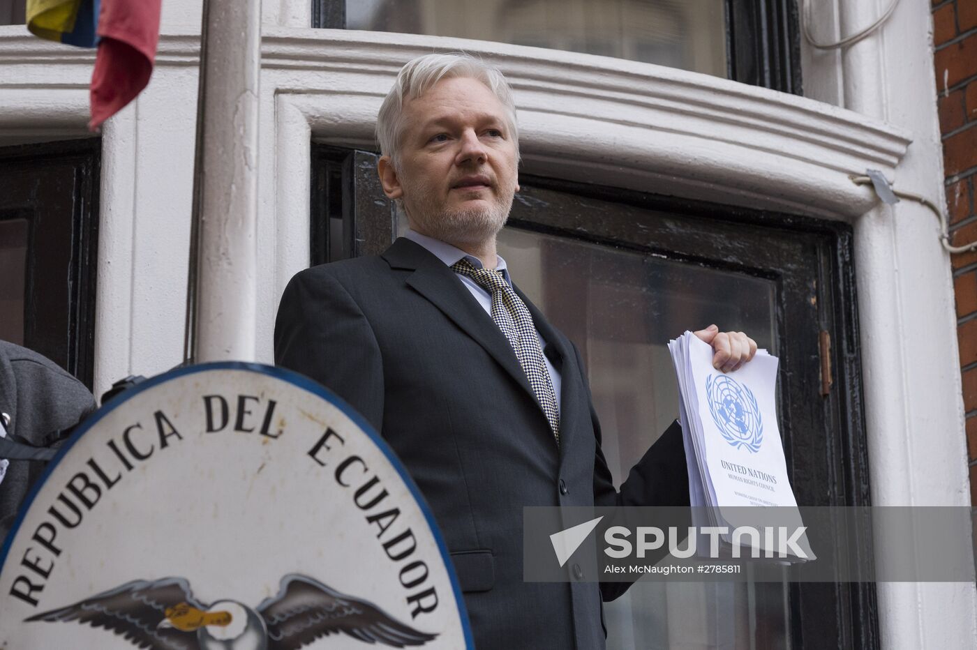Julian Assange takes part in news conference via video link from Ecuadoran Embassy in London