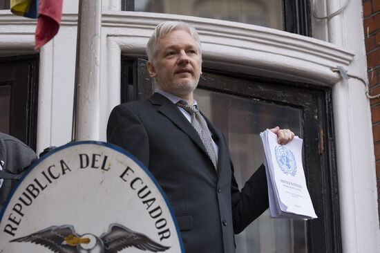 Julian Assange takes part in news conference via video link from Ecuadoran Embassy in London