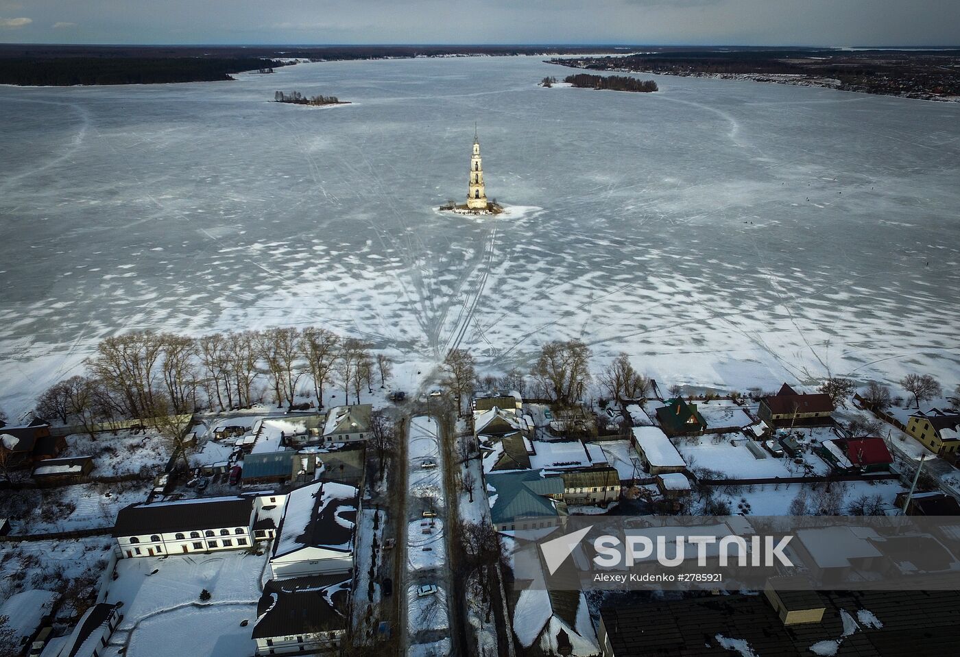 St. Nicholas Cathedral bell tower flooded by Uglich Reservoir