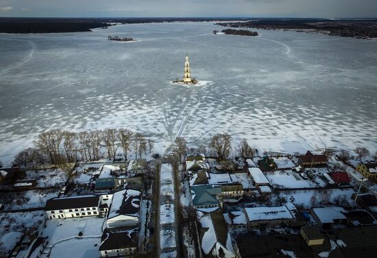 St. Nicholas Cathedral bell tower flooded by Uglich Reservoir