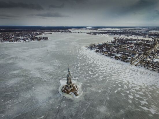 St. Nicholas Cathedral bell tower flooded by Uglich Reservoir