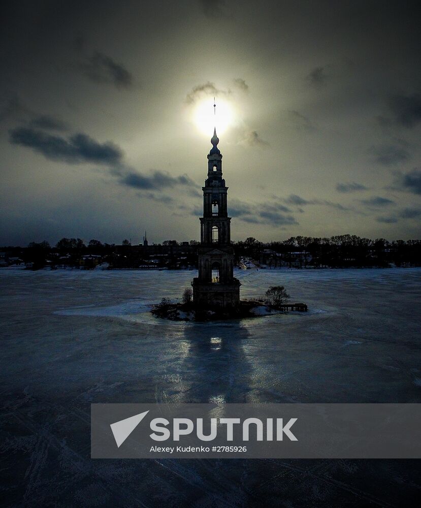 St. Nicholas Cathedral bell tower flooded by Uglich Reservoir