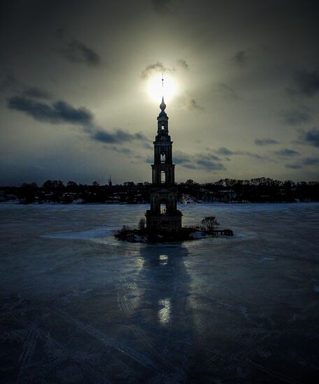 St. Nicholas Cathedral bell tower flooded by Uglich Reservoir