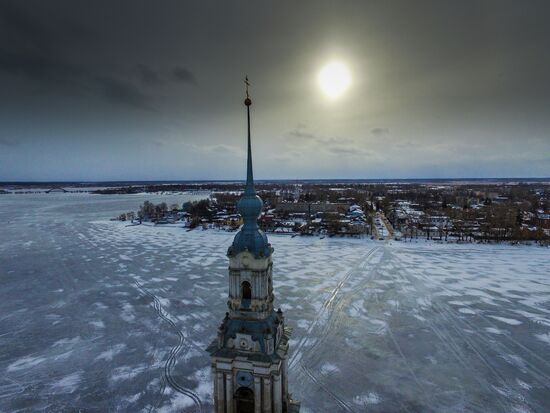 St. Nicholas Cathedral bell tower flooded by Uglich Water Reservoir