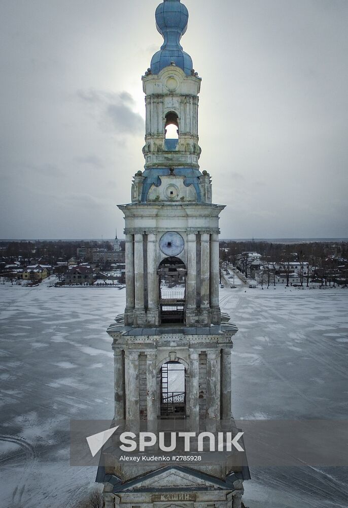 St. Nicholas Cathedral bell tower flooded by Uglich Reservoir