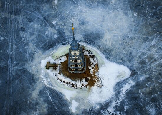 St. Nicholas Cathedral bell tower flooded by Uglich Water Reservoir