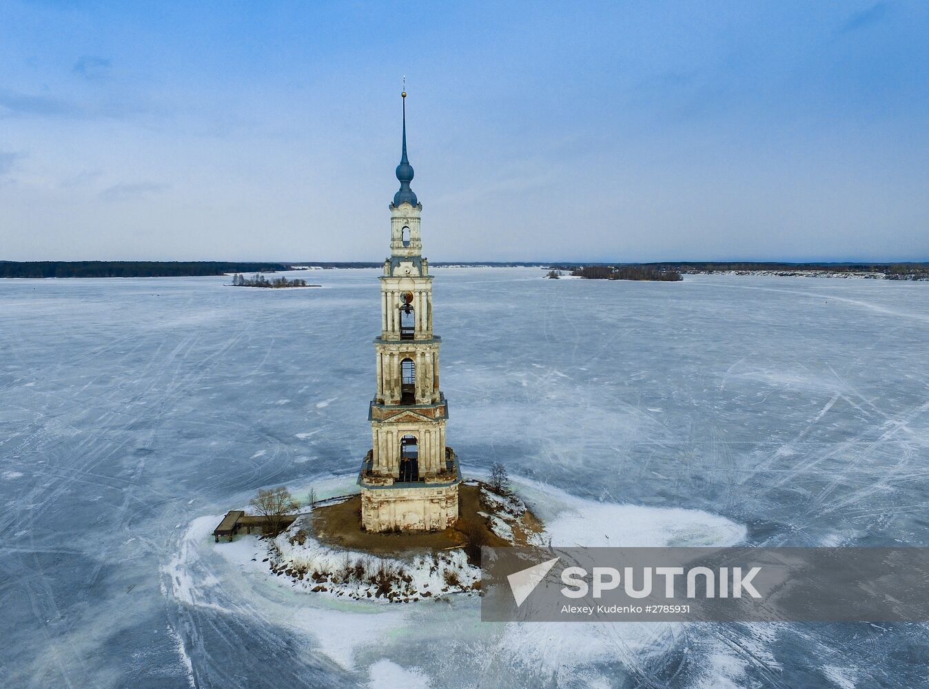 St. Nicholas Cathedral bell tower flooded by Uglich Water Reservoir