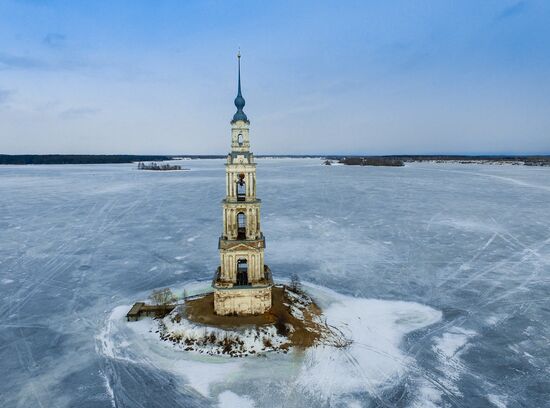 St. Nicholas Cathedral bell tower flooded by Uglich Water Reservoir