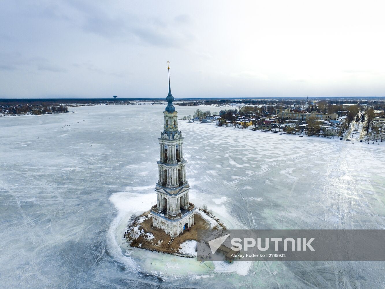 St. Nicholas Cathedral bell tower flooded by Uglich Water Reservoir