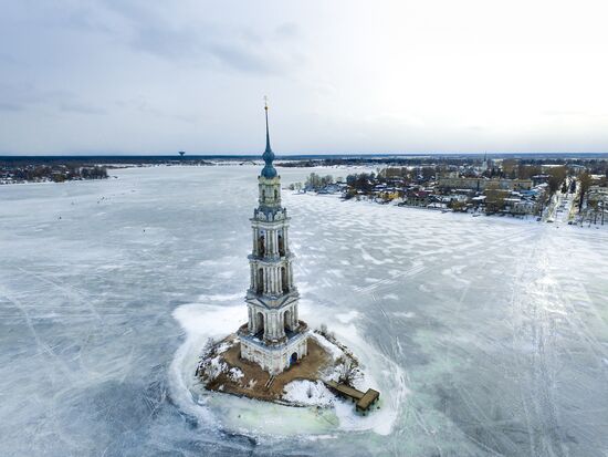 St. Nicholas Cathedral bell tower flooded by Uglich Water Reservoir