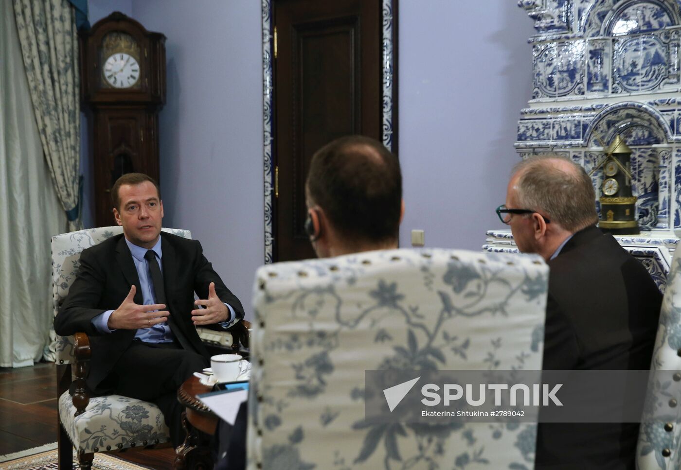 February 11, 2016. Russian Prime Minister Dmitry Medvedev (left) is seen here at his Gorki residence outside Moscow during an interview with the German daily Handelsblatt. From right: international correspondent Matthias Brüggemann and editor-in-chief Sven Afhüppe. Location: Russia, Moscow region. Author: Ekaterina Shtukina/Sputnik. Prime Minister Medvedev gives interview to German daily Handelsblatt