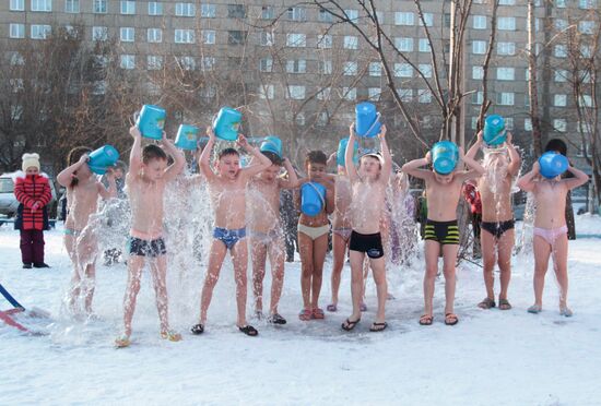 Children exercise at the Sibiryachok kindergarten in Krasnoyarsk