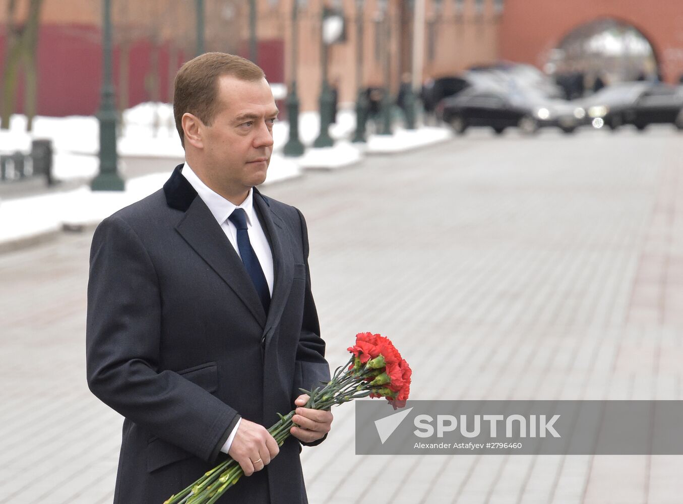 February 23, 2016. Russian Prime Minister Dmitry Medvedev during the wreath-laying ceremony at the Tomb of the Unknown Soldier on the Defender of the Fatherland Day. Location: Russia, Moscow. Author: Alexander Astafyev/Sputnik. Wreath-laying ceremony at Tomb of Unknown Soldier on Defender of the Fatherland Day