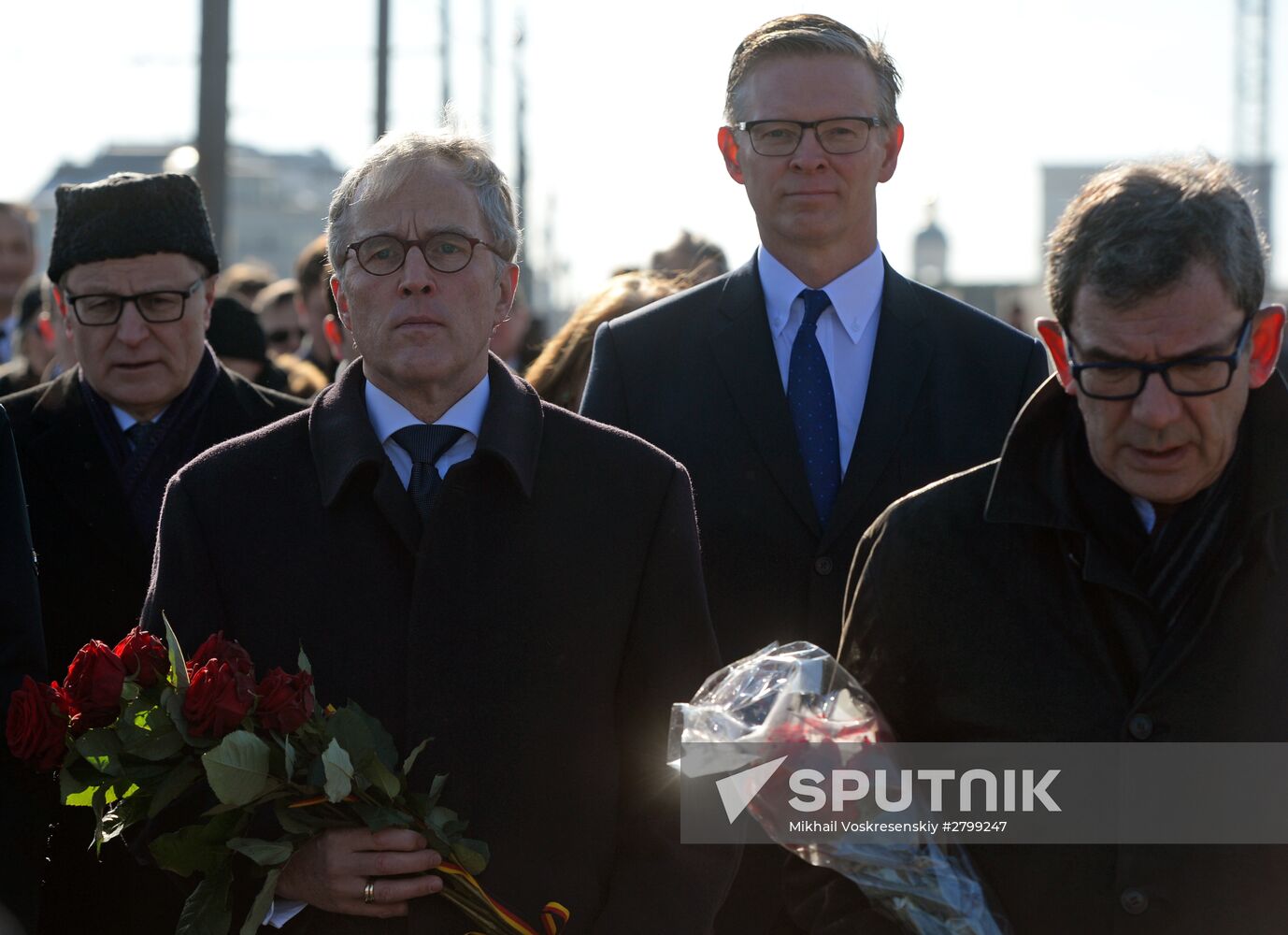 Ambassadors of EU member states lay flowers on site of politician Boris Nemtsov's shooting