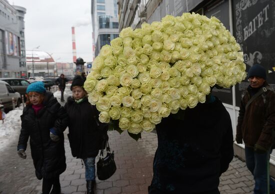 Selling flowers on International Women's Day