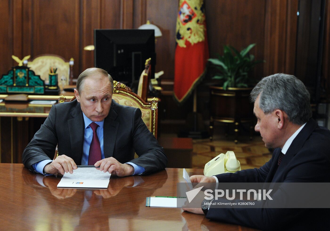 Russian President Vladimir Putin meets with Foreign Minister Sergey Lavrov and Defense Minister Sergey Shoygu