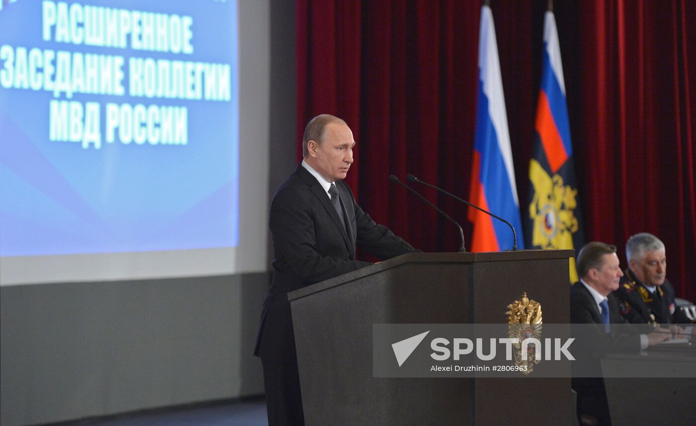 Russian President Vladimir Putin attends meeting of the Russian Interior Ministry Board