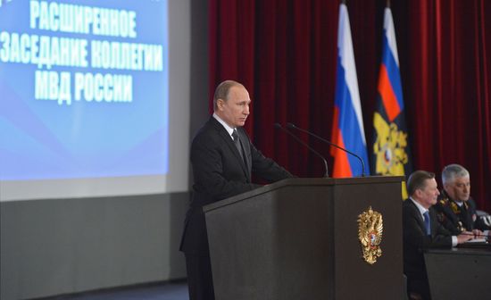 Russian President Vladimir Putin attends meeting of the Russian Interior Ministry Board