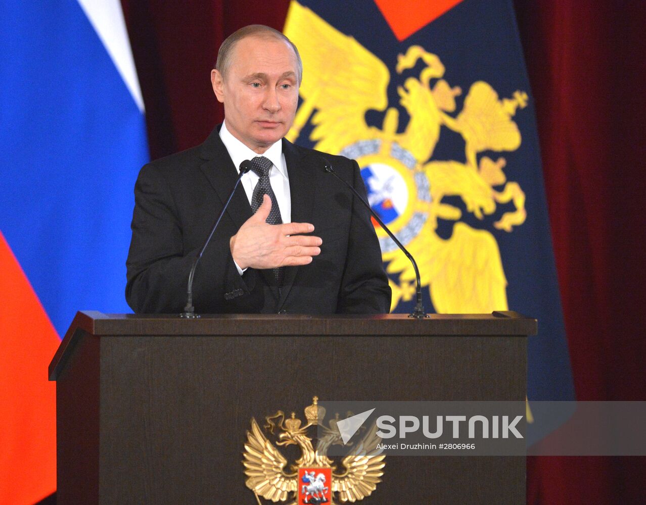 Russian President Vladimir Putin attends meeting of the Russian Interior Ministry Board