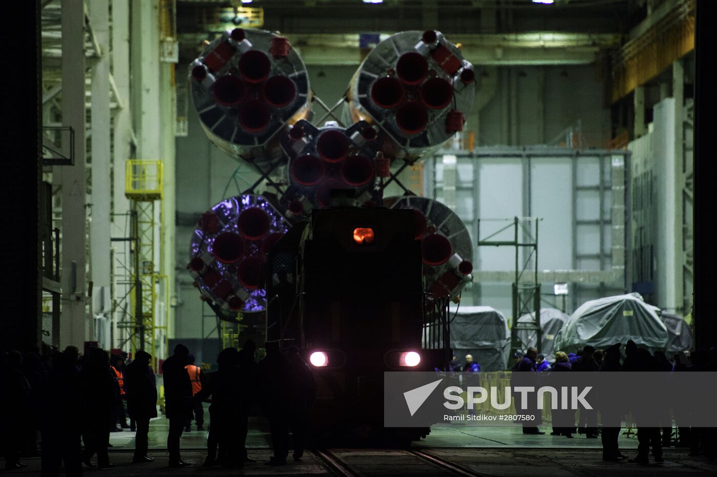 Soyuz-FG launch vehicle with manned Soyuz-TMA-20M spacecraft mounted at first Gagarinskaya launch pad