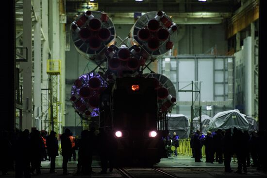 Soyuz-FG launch vehicle with manned Soyuz-TMA-20M spacecraft mounted at first Gagarinskaya launch pad