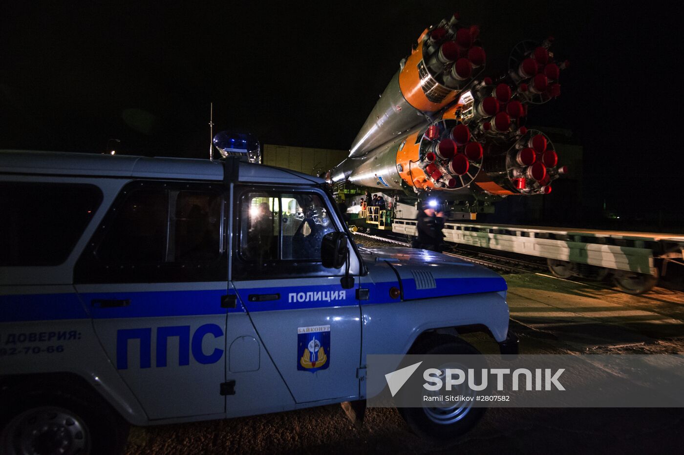 Soyuz-FG launch vehicle with manned Soyuz-TMA-20M spacecraft mounted at first Gagarinskaya launch pad