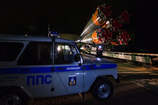 Soyuz-FG launch vehicle with manned Soyuz-TMA-20M spacecraft mounted at first Gagarinskaya launch pad