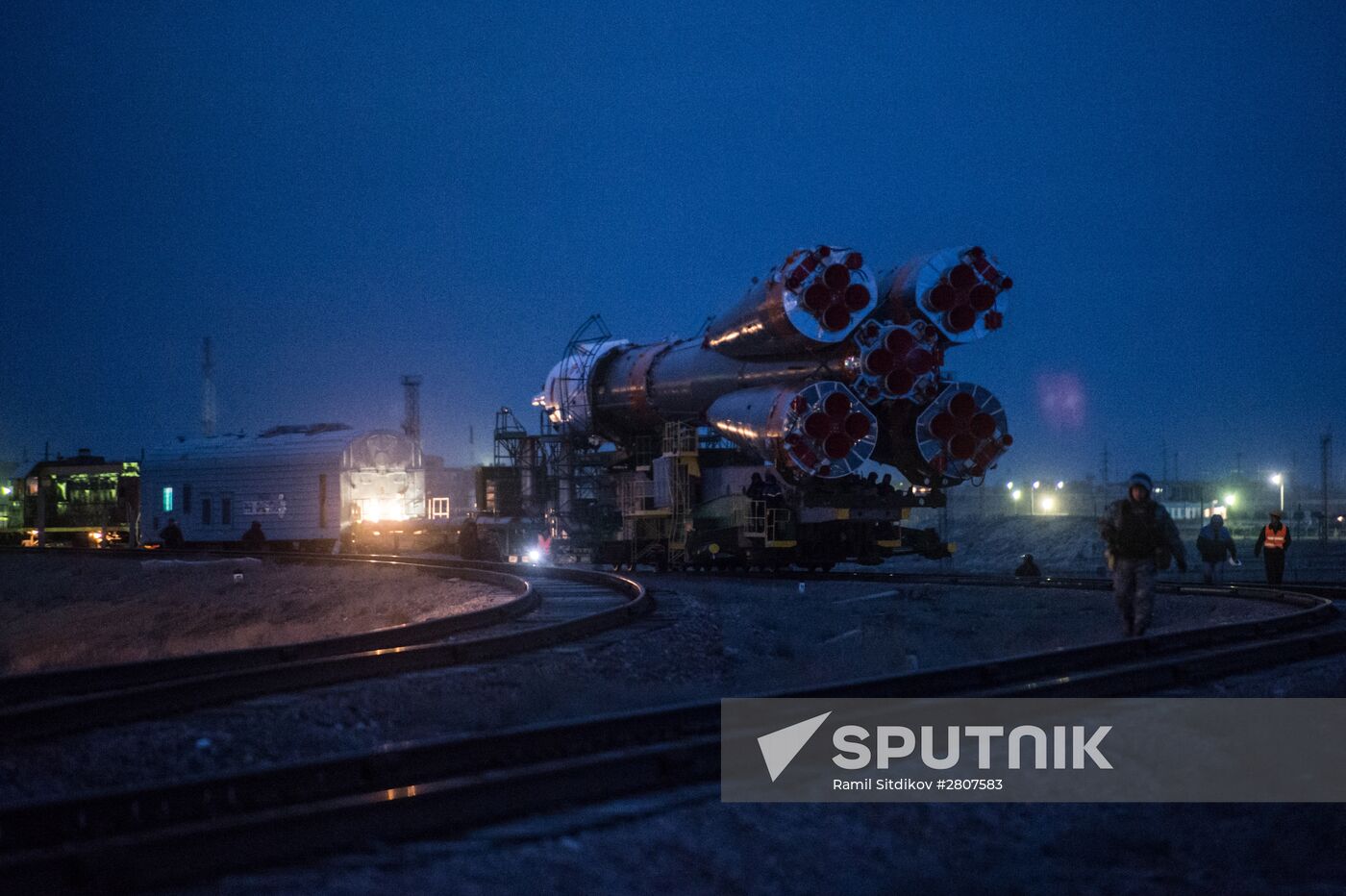 Soyuz-FG launch vehicle with manned Soyuz-TMA-20M spacecraft mounted at first Gagarinskaya launch pad