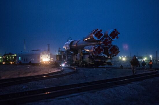 Soyuz-FG launch vehicle with manned Soyuz-TMA-20M spacecraft mounted at first Gagarinskaya launch pad