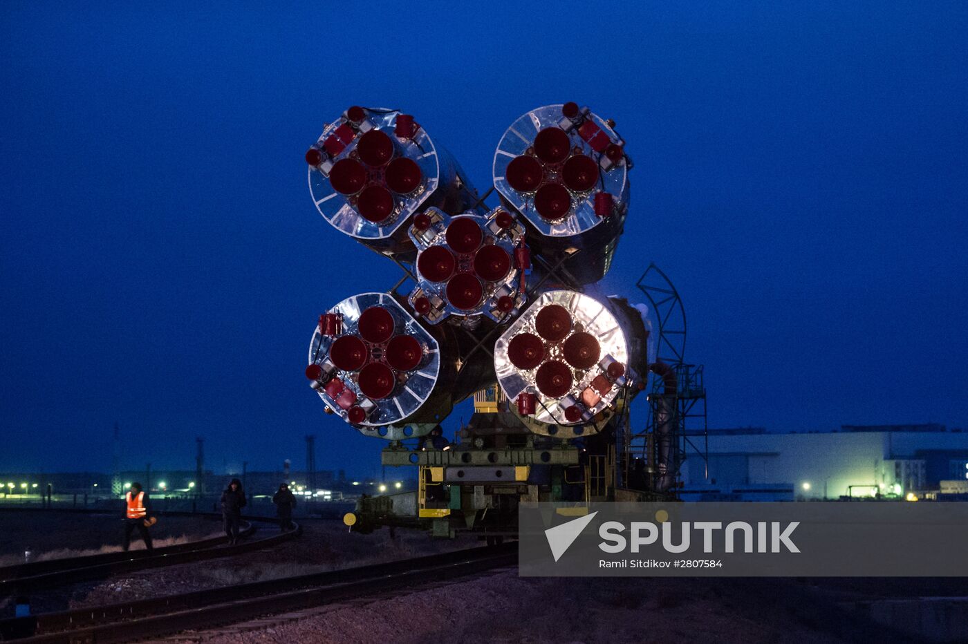 Soyuz-FG launch vehicle with manned Soyuz-TMA-20M spacecraft mounted at first Gagarinskaya launch pad