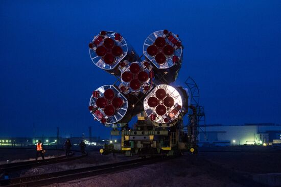 Soyuz-FG launch vehicle with manned Soyuz-TMA-20M spacecraft mounted at first Gagarinskaya launch pad