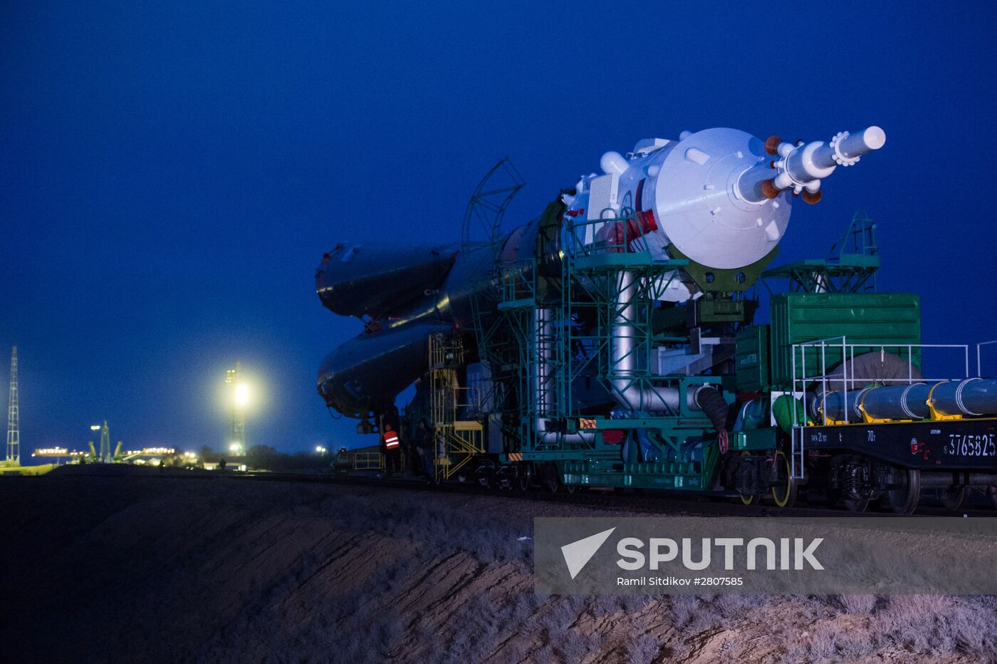 Soyuz-FG launch vehicle with manned Soyuz-TMA-20M spacecraft mounted at first Gagarinskaya launch pad