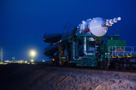 Soyuz-FG launch vehicle with manned Soyuz-TMA-20M spacecraft mounted at first Gagarinskaya launch pad