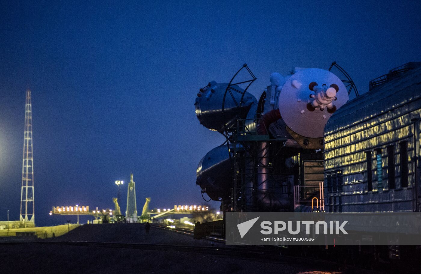 Soyuz-FG launch vehicle with manned Soyuz-TMA-20M spacecraft mounted at first Gagarinskaya launch pad
