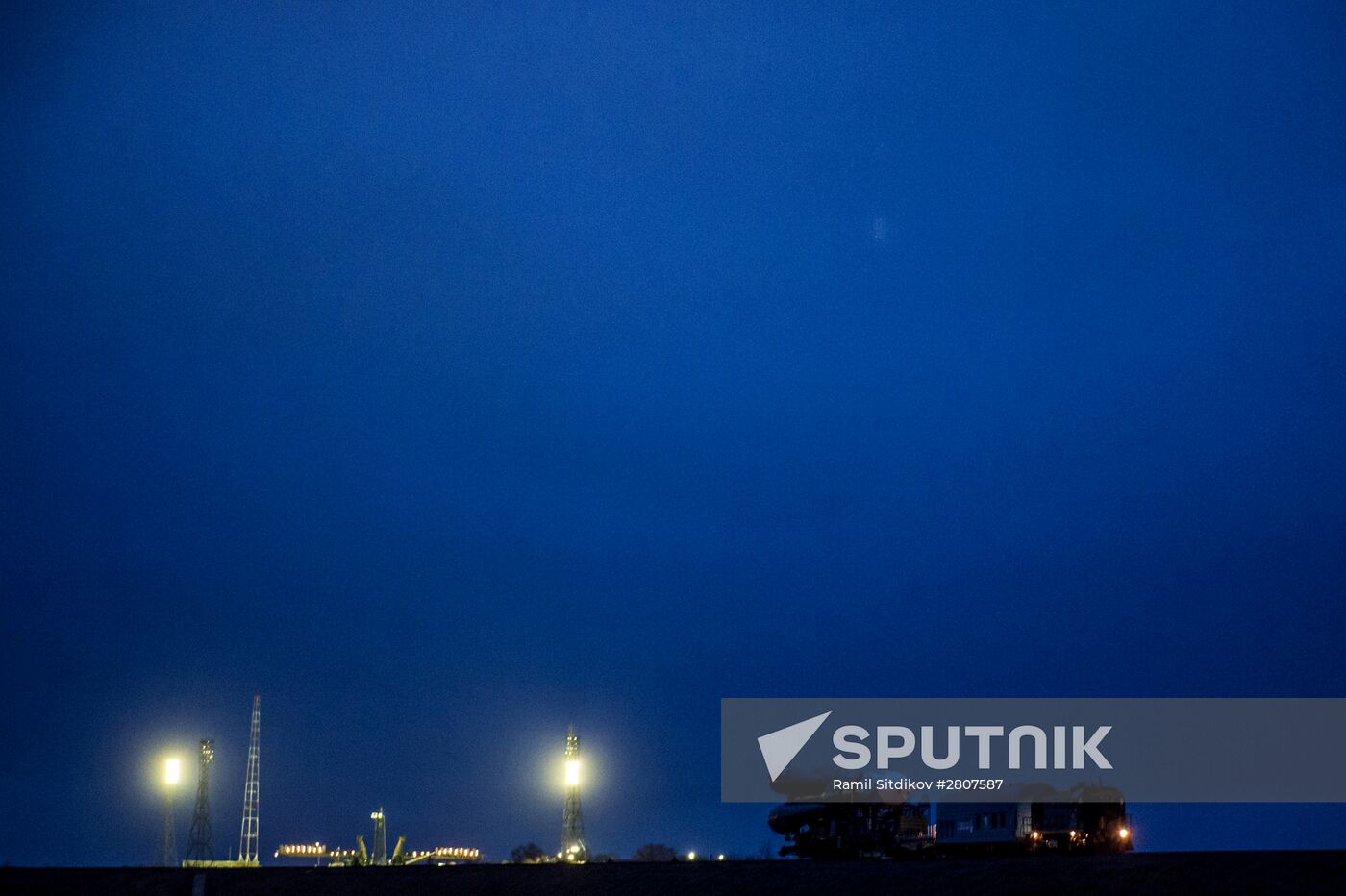 Soyuz-FG launch vehicle with manned Soyuz-TMA-20M spacecraft mounted at first Gagarinskaya launch pad