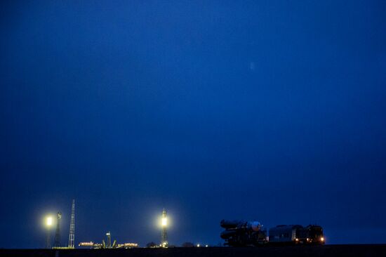 Soyuz-FG launch vehicle with manned Soyuz-TMA-20M spacecraft mounted at first Gagarinskaya launch pad