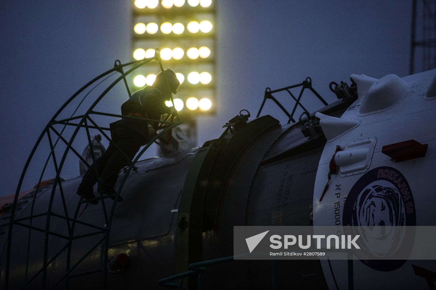Soyuz-FG launch vehicle with manned Soyuz-TMA-20M spacecraft mounted at first Gagarinskaya launch pad
