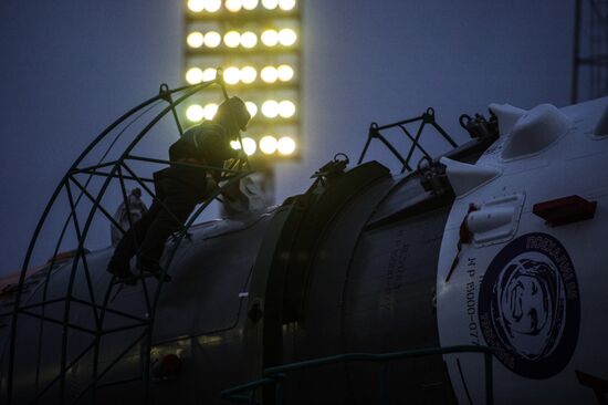 Soyuz-FG launch vehicle with manned Soyuz-TMA-20M spacecraft mounted at first Gagarinskaya launch pad