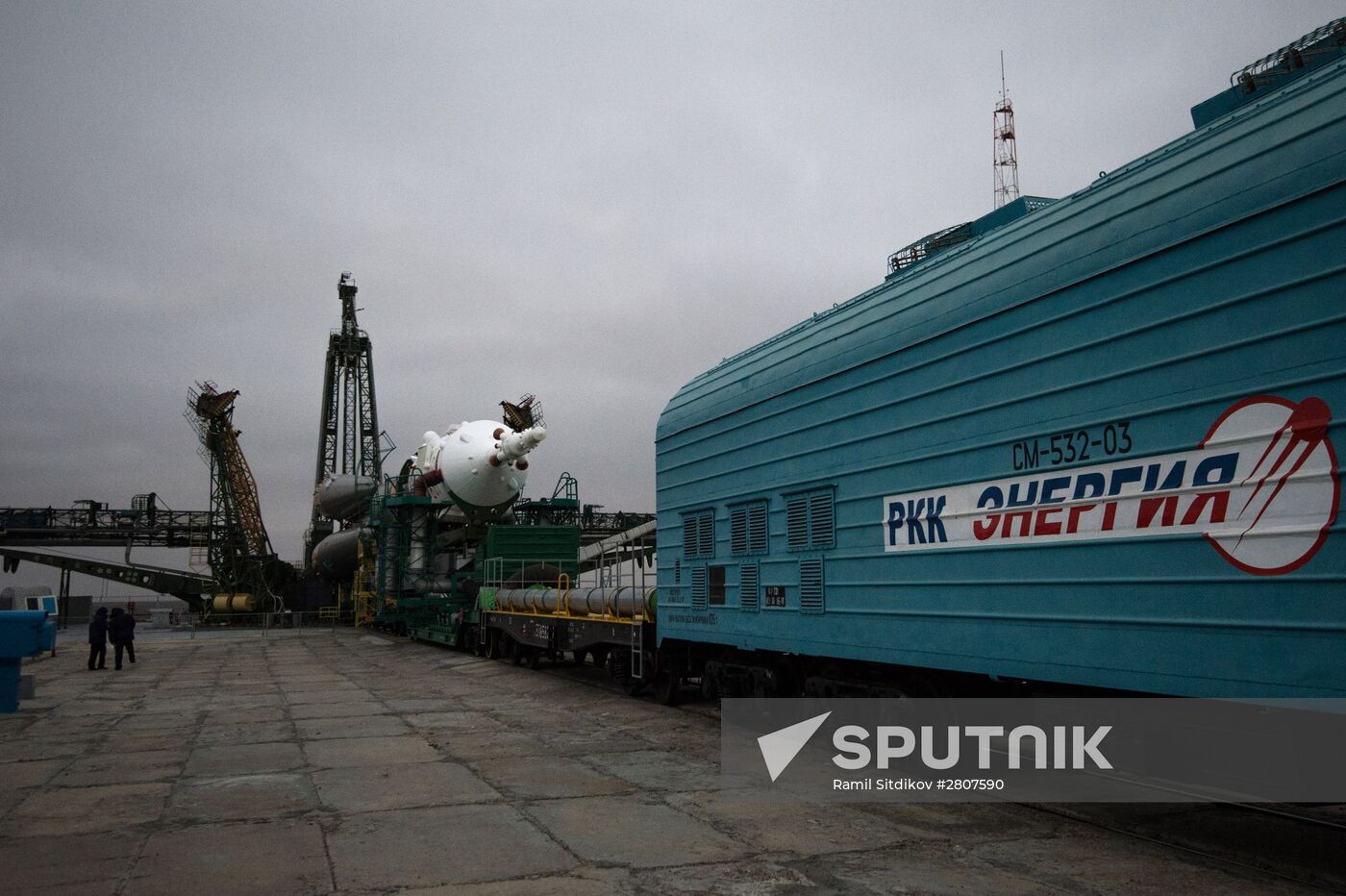 Soyuz-FG launch vehicle with manned Soyuz-TMA-20M spacecraft mounted at first Gagarinskaya launch pad