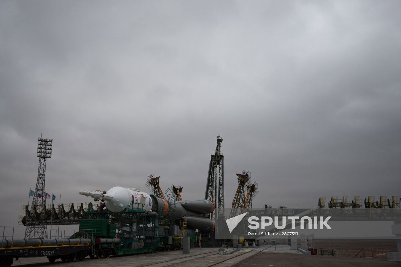 Soyuz-FG launch vehicle with manned Soyuz-TMA-20M spacecraft mounted at first Gagarinskaya launch pad