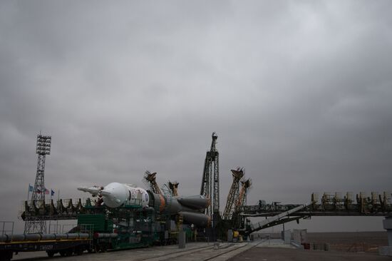 Soyuz-FG launch vehicle with manned Soyuz-TMA-20M spacecraft mounted at first Gagarinskaya launch pad