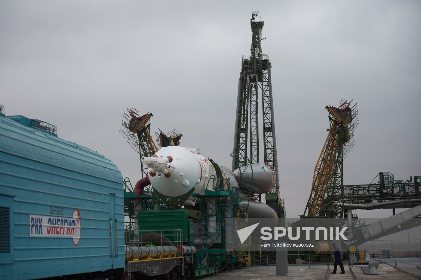 Soyuz-FG launch vehicle with manned Soyuz-TMA-20M spacecraft mounted at first Gagarinskaya launch pad