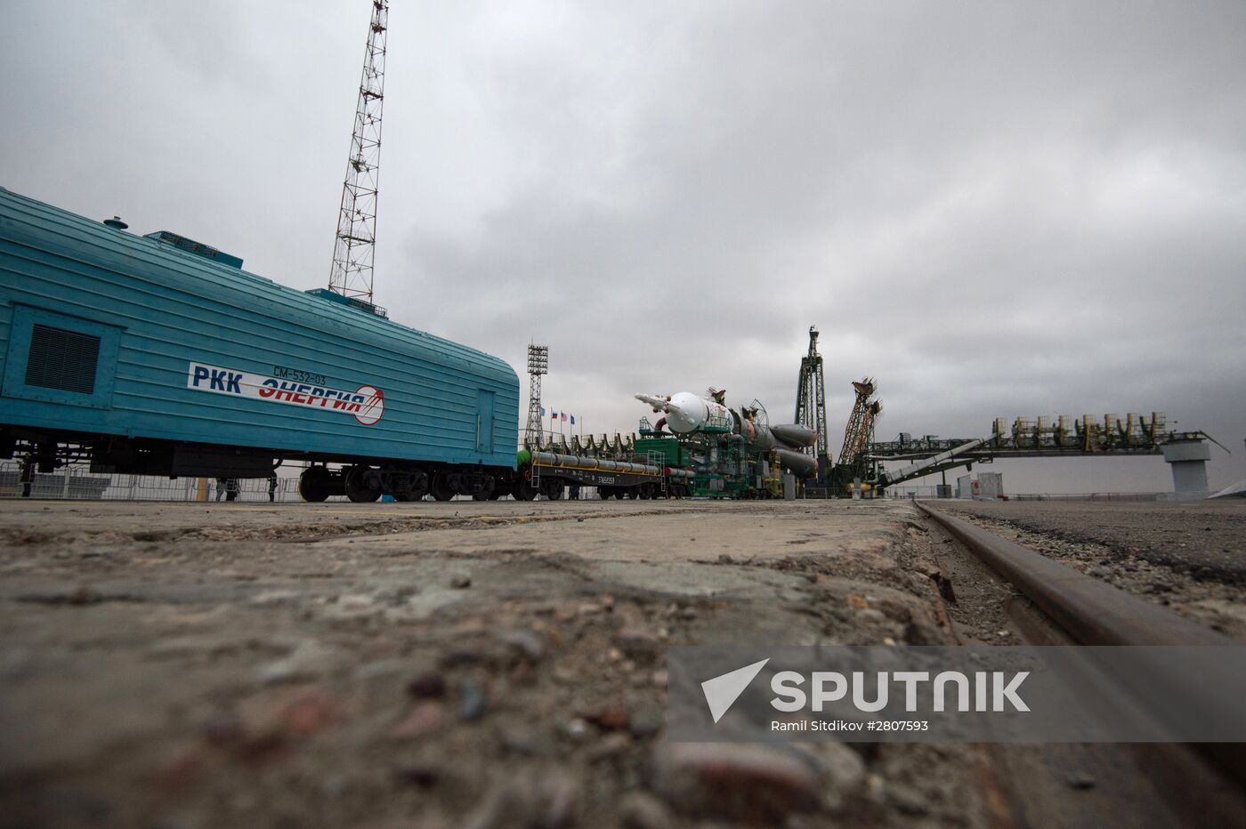 Soyuz-FG launch vehicle with manned Soyuz-TMA-20M spacecraft mounted at first Gagarinskaya launch pad